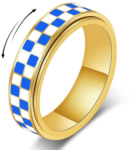 Spinner Ring Checkered Fidget Jewelry - Stainless Steel Gold Rings for Women, Anxiety Relief Fidget Toy & Stocking Stuffers, Chessboard Anti-Stress Gifts for Adults Gold Size 10 Ring For Fat Fingers