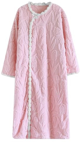 Långa nattlinnen för kvinnor utan fickor – damer vinter morgonrockar varma – långärmad husklänning vinter badrock pyjamas korall fleece nattlinne plus storlek komfort handduk rock, Rosa, XL