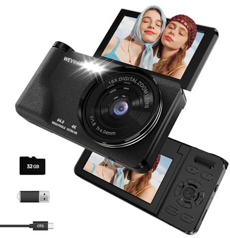Macchina Fotografica Digitale 4K 64MP, Wevoor Fotocamera Digitale Compatta 32GB con Flip 180° da 3, Zoom Digitale 18x, Batteria da 2000 mAh, Digital Camera Per Principianti Adolescen Bambini - Nero