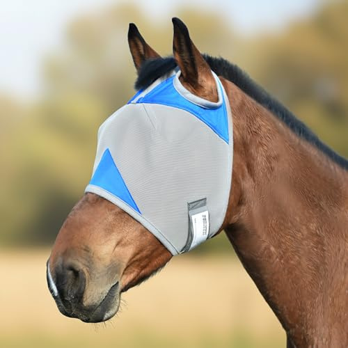 Fornyk Horse Fly Mask Without Ears, Writable Name Tag, UV Protection, Soft Padding, Adjustable Hook-and-Loop Strap, Ideal for Daily Turnout and Multi-Horse Barns (Blue, Large)