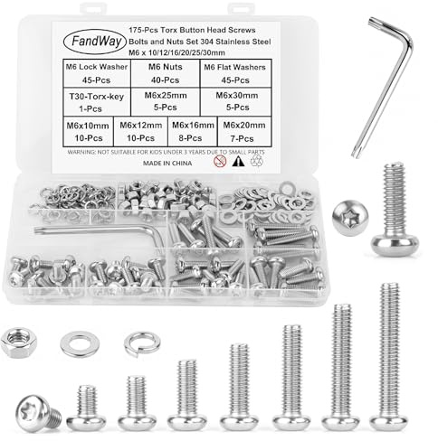 175Pcs M6 Torx Bolts and Nuts Set,Button Head Torx Bolts Screws,Pan Head Machine Screws,Security Anti-Theft Screw,304 Stainless Steel,Full Thread Pitch : 1.0 mm With T30 Wrench.