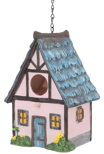 Mikikit Wetterfestes Vogelhaus aus Langlebigem Resin Kleines Hängendes Nistkasten mit Reetdach Design Einfacher Aufbau Bunte Gartendekoration für Balkon und Außenbereich Schützt Vögel