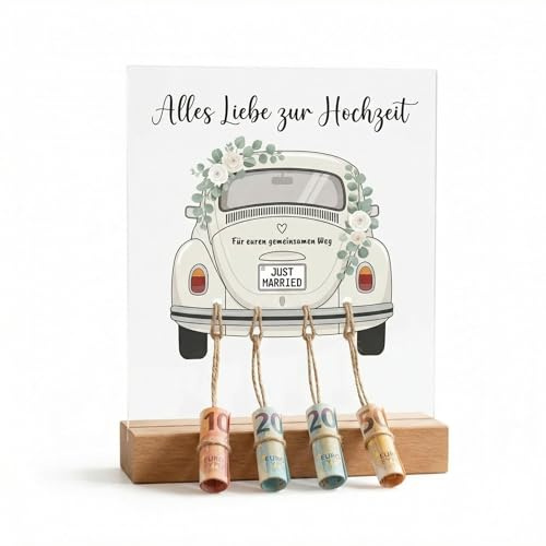 Kreatives Geldgeschenk Hochzeit - Acryl Aufsteller mit Holzsockel & Vintage Auto Motiv - Originelle Geldverpackung für das Brautpaar - „Für euren gemeinsamen Weg“ - Hochzeitsgeschenk & Erinnerung