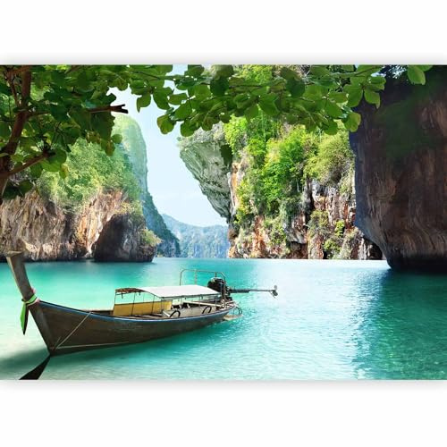 Papier peint murando panoramique moderne 350x256 cm - Revêtement mural décoration salon - Design moderne - Turquoise blanc vert - Arbres paysage bateaux mer paysage tropical eau 10110903-14
