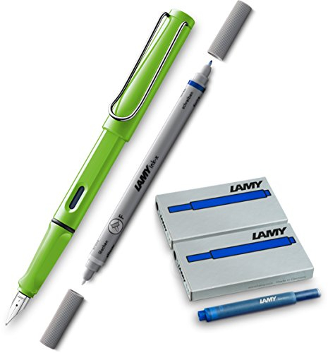 Lamy, Safari, Füllfederhalter, feine Feder, weiß, Green + Löscher F + 10 Patronen Blau, Füllfederhalter Safari