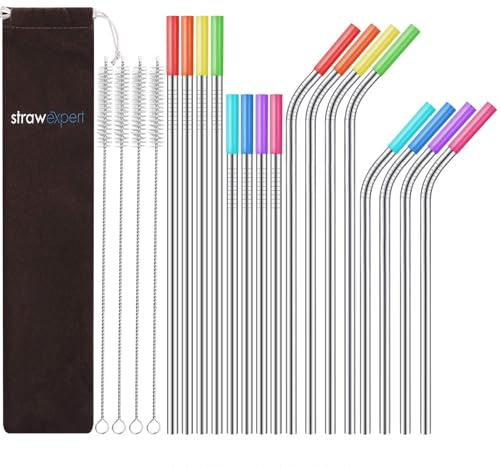 StrawExpert Set of 16 Reusable Stainless Steel Straws with Travel Case Cleaning Brush Silicone Tips Eco Friendly Extra Long Metal Straws Drinking for 20 24 30 oz Tumbler, Silver