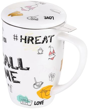 LOVECASA, 480ML Porcelain Tea Cup with Infuser Cup with Micro-Perforated Stainless Steel Filter and Lid (Call Me)