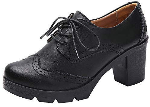 Jamron Donna Tacco a Blocco Allacciare Brogues Derby Pumps Scarpe da Sera Nero SN02955 EU38.5