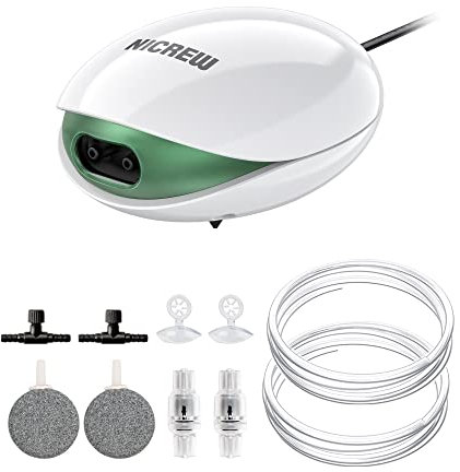NICREW UFO Aquarium Air Pump for Fish Tank up to 400 L, Air Aerator Pump Ultra Silent, Oxygen Bubbler with Dual Outlets, Accessories Included, 2.5W