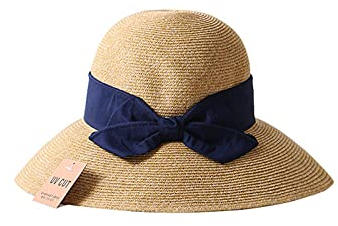 Sonnenhut Strohhut Hut Damen Frauen Strohhüte Verstellbare Breite Krempe Sonnenschutz Strand Fischerhut Big Bow Ribbon -Navy_Blue