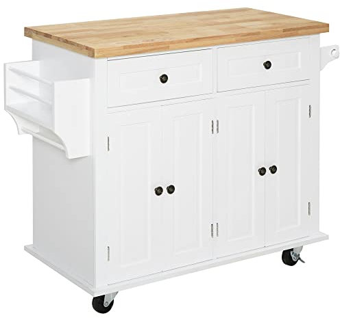 HOMCOM Carrello da Cucina con Ruote, Ripiani Regolabili e Portaspezie, Isola Cucina con Piano di Lavoro in Legno di Gomma, per Cucina e Soggiorno, 111x44.5x82.5 cm, Bianco