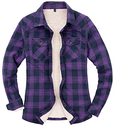 ZhaltACE dam herpa fleece foder rutig flanelljacka, knappstängning flanell skjortjacka (komplett sherpa-foder), violett, XXL