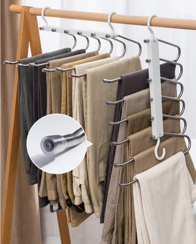 NatureMan Confezione da 2 grucce per pantaloni, in acciaio inox, a 6 strati, salvaspazio, antiscivolo, per armadio, multifunzione, a cascata, per gonne, jeans, sciarpe, cravatte, leggings