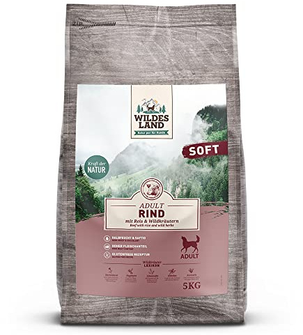 Wildes Land - Halbfeuchtes Trockenfutter für Hunde - Rind - 3 x 5 kg - Soft mit Reis und Wildkräutern - Glutenfrei - Extra viel Fleisch - Für alle Hunderassen - Beste Akzeptanz