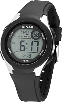 SINAR Damenuhr Herrenuhr Jugend Armbanduhr Unisex Sportuhr Outdoor Digital Quarz 10 bar mit Silikonarmband, 5 Alarmen und Licht Schwarz XV-19-1