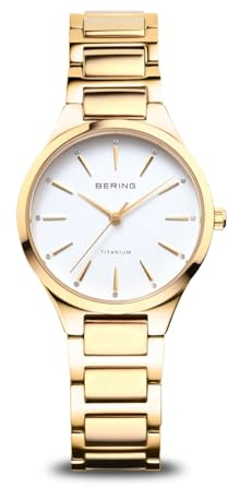 BERING 15630-734 Reloj de Cuarzo para Dama con Caja de Titanio de 30 mm con Acabado Dorado y Esfera Blanca, Brazalete de Titanio con Detalles de Titanio, Resistencia al Agua de 10 ATM