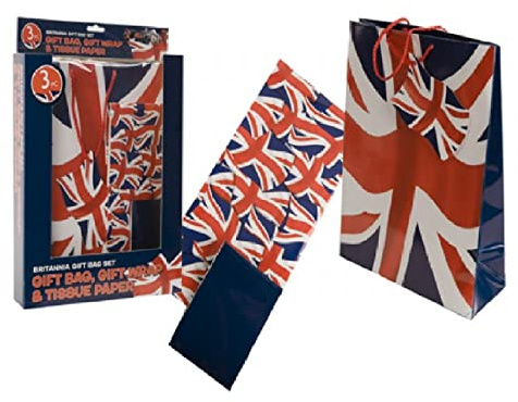 SKYTE 3Pcs Union Jack Gifts Set Gift Bag, Paper & Wrap Queen Platinum Jubilee Party Coronation Celebration Presents Great Britain Bottle Bag, Red, White & Blue, 33cm x 23.5cm x 9cm