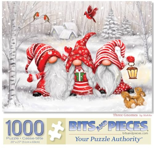 Bits and Pieces - Rompecabezas de 1000 piezas para adultos, 20 x 27 - Tres gnomos - Rompecabezas de Navidad de invierno de 1000 piezas por Artist Makiko