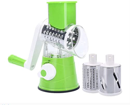ROTARY CHEESE GRATER (GREEN) 3 In 1 Multi Purpose Kitchen Manual Food Vegetable Grater Slicer Potato Cheese Grater With Handle Rotary Tabletop Drum Grater, Mandoline Slicer Grinder.
