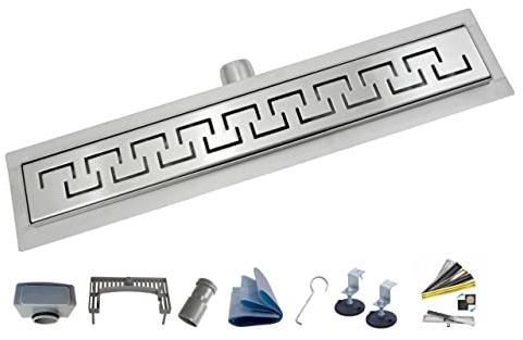 AQUA HEATING Griechisch linearer Edelstahl-Bodenablauf superflach Einbauhöhe 54mm Komplettset Badezimmer mit bodengleicher Dusche, Duschrinne Ablaufgarnitur-Set, Duschablauf Siphon Rost 80 cm silber