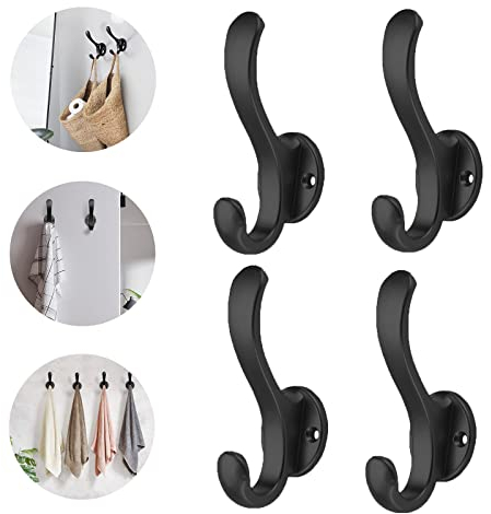 WASYPLSFOI Wall Hooks Coat Key Hat Towel Purse Hook Holder Hanger Doubles Heavy Duty for Wall Bathrooms Door, 4 Pack Black