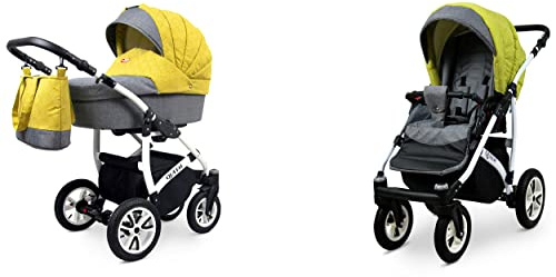 BabyLux Queen 2-in-1 Baby Kinderwagen Tief und Kinderwagen mit Zubehör Verstellbar und faltbar Aluminium Konstruktion Wasserdicht Nicht abnehmbare Räder Ceylon Yellow