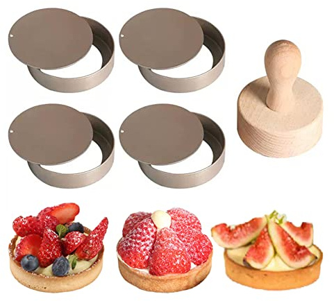 KALAIEN 4 Packs Mini Tart Pans with Removable Bottom 3” Reusable Non-Stick Egg Tart Mold with Tart Tamper for Cheesecake Muffin Pan