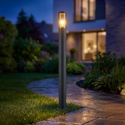 Wegeleuchte Pollerleuchte außen Gartenlampen anthrazit IP44, Standleuchte Terrasse Balkon, Edelstahl rauchfarben, 1x E27 Fassung, DxH 12,7x110cm
