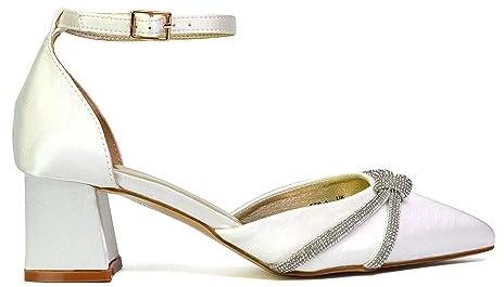 Womens Wedding Shoes Block Low Heel Ladies Ankle Strap Pointed Toe Sparkly Diamante Trim Bridal Evening Party Court Shoes 3-8