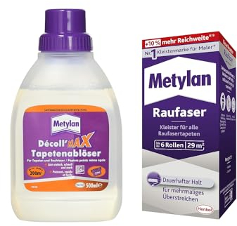 Metylan Raufaser, Tapetenkleister für Raufasertapete mit hoher Anfangsklebkraft (1x180g) & Metylan Tapetenablöser Aktiv-Konzentrat, löst schnell und problemlos (1x0,5l)