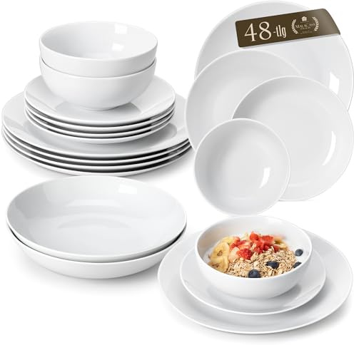 MALACASA 48-Piece Gourmet Porcelain Dinnerware Set, Round Dinner Sets for 12 People - White Plates and Bowls, Soup/Dinner/Dessert Plates, Amelia Series
