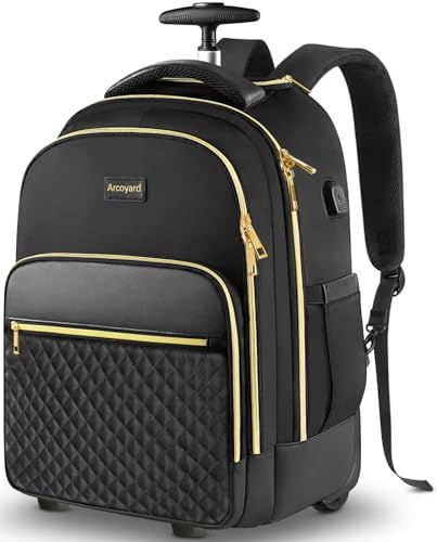Arcoyard Rollrucksack, Handgepäck für Erwachsene mit Rollen, Rollrucksack für Damen, Reiserollrucksack, Schwarz, 17-inch, Rollrucksack, Handgepäck