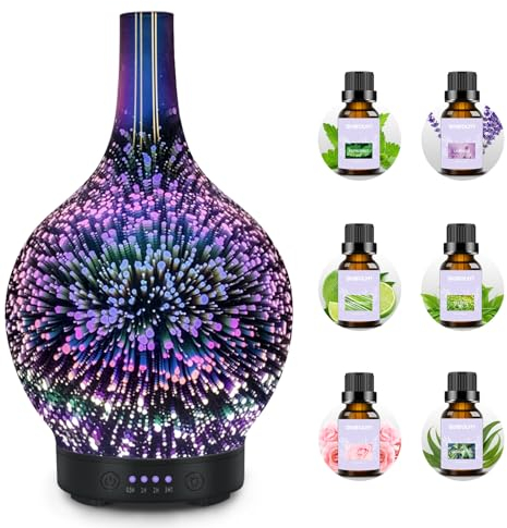 Essential Oil Diffuser Electric Aromatherapy Diffuser with 6 Essential Oil Set 3D Firework Glass Ultrasonic Aroma Diffusers Waterless Auto Shut-Off with 7 LED lights for Home Office Yoga Gift 120ml