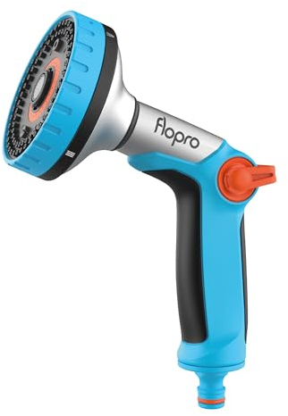 FLO-PRO - Heavy Duty Multi Hose Pipe Spray Gun: 6 x Patterns Soft, Rose, Fan, Fill, Mist, Jet. Controlled by Simple on, Off & Flow Control Valve. Garden Hose Pipe Spray Gun. Fits All Brands