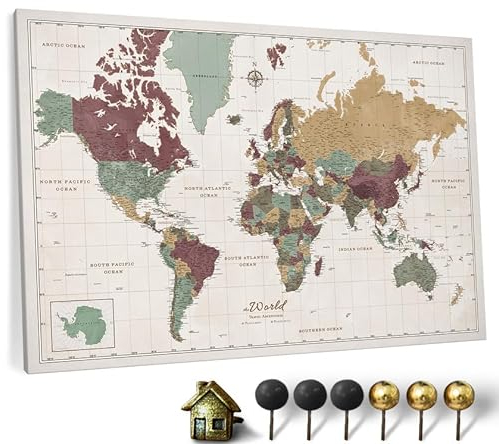 Hochwertige Canvas Weltkarte mit Kork-Pinnwand - Deutsche Beschriftung - Dekorative Wanddeko für alle Zimmer - Leinwandbilder mit Weltkarte Motiv (90x60 cm, Muster 3 Deutsch)
