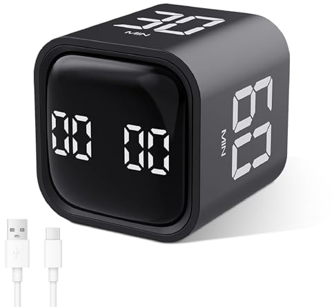 Cuteefun Pomodoro Timer, Drehbarer Cube Timer, 5/10/30/60 Minuten & Countdown, Digitale Eieruhr mit Vibration, Kurzzeitwecker mit Einstellbarem Ton für Kinder, Küche, Sport, Studium, Arbeit, Schwarz