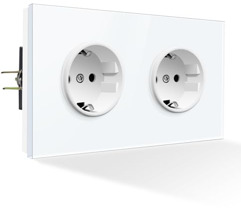 PANGTZEEN Schuko Steckdose mit Kralle 2 Fach Vollspiegel Gehärtetem Glas 153mm Doppel Wandsteckdose 16A Unterputz Einbausteckdose Weiß Für Wohnzimmer, Schlafzimmer, Küche, Büro