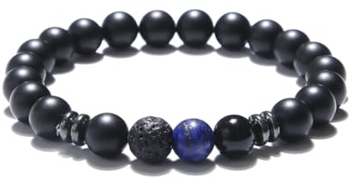 Kim Johanson® Herren Naturstein Armband *Chakra* mit Onyx, Jaspis & Lavastein I Perlenarmband mit echten 8mm Edelsteinen I Elastisches Kugelarmband I Handgemacht I Wasserfest