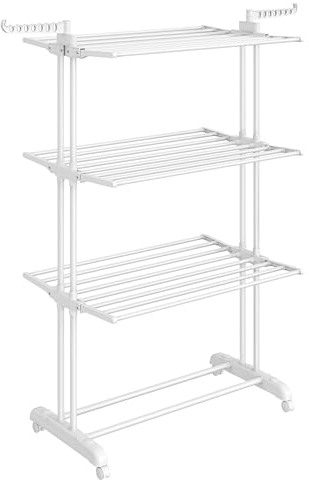 SONGMICS Large Clothes Airer, Foldable Clothes Drying Rack Laundry 4-Tier, Moveable Clothes Horse, 63.5 x 128 x 173 cm, Stainess Steel, Folding Wings, Indoor Outdoor Use, Cloud White LLR701W03