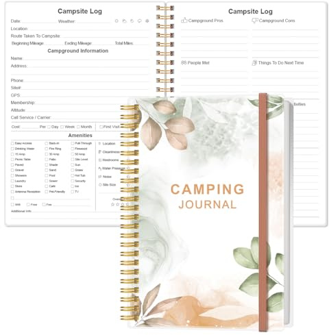 Heveboik Camping Journal and RV Travel Log Book - A5 Outdoor Camp & Adventure Journal for 25 Camping, Hiking Journal, Family Travel Books Camper Essentials Camping, 5.8 x 8.5, Rose Leaf