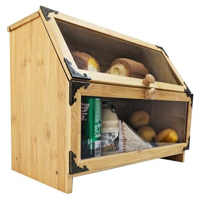 ARTAWEIN large bamboo wood double layer bread box for kitchen countertop | Bread storage holder with capacity for homemade bread and panera loaves just half price due to top board mistake of hinges