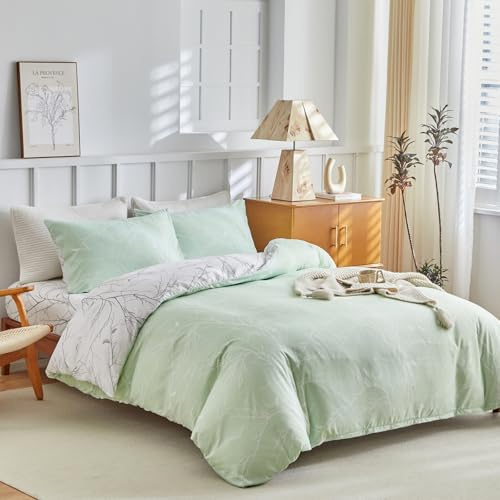 Tokokimo Set Completo di Biancheria da Letto Matrimoniale 4 Pezzi con Lenzuolo ad Angoli, Motivo Rami Botanici Stampati Verde (1x Copripiumino, 2x Federe, 1x Lenzuolo ad Angoli)