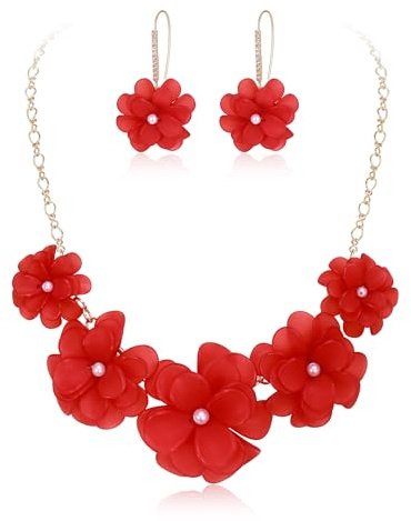 Ever Faith Red Flower Statement Necklace Boho Summer Holiday Beach Jewelry Floral Flower Collar Necklaces with Earrings for Women