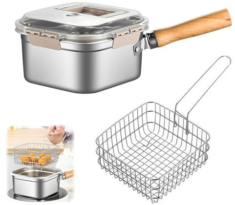 3in1 Deep Fryer Pot Steaming Pot Home Kitchen Stainless Steel Wooden Handle Cooker With Oil Drip Drainer Rack, Portable Outdoor Camping Hiking Pinic Fryer Pot (storage Container + Pot + Frying Pan)