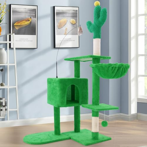 41 Inches Cactus Cat Tree Tower with Scratching Post, Tall Cat Trees for Indoor Cats Large Adult, Multi-Level Cozy Plush Cat Houses & Condo Furniture with Hammock, Cats Climbing Towers(Green)