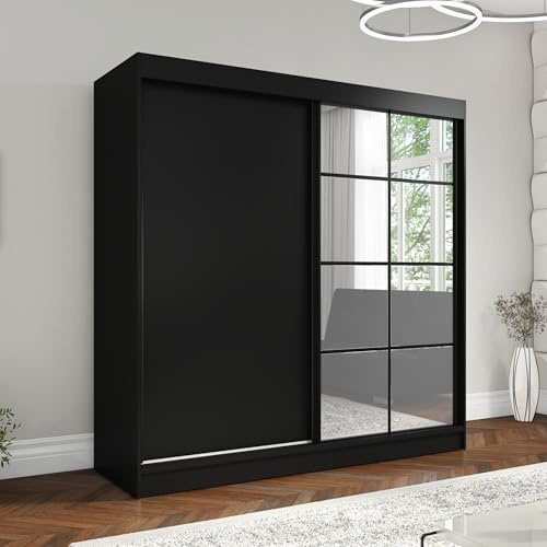 A&J MöbelLand Schwebetürenschrank TAVIRO Kleiderschrank 2-türig mit Schubladen und Spiegel, Garderobe 200 cm (Schwarz)