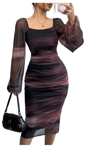 GORGLITTER Women's Elegant Square Neck Long Sleeve Dresses Tie Dye Ruched Bodycon Midi Wedding Guest Dress Multicolor Small