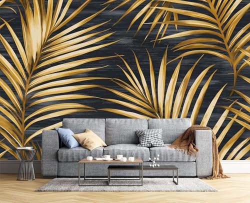 JEDTAKCT Carta Da Parati 150X105Cm Foglie Di Palma Metalliche Fotomurali 3D Effetto Piante Tropicali Retrò Fotomurale Oro Nero Decorazione Da Grande Parete Fotografica Per Camera Da Letto Soggiorno