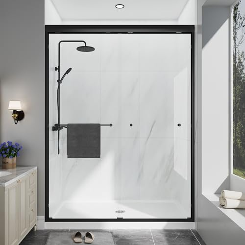 EASYWORC Double Sliding Shower Door, 43-48 W x 70 H Semi-Frameless Glass Shower Door, 1/4'' (6mm) Clear SGCC Tempered Glass with Explosion-Proof Film and Nano Coating, Matte Black