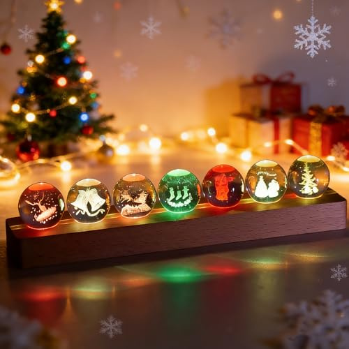 YWNYT Sfera di cristallo Chakra in 7 colori con base in legno con luce a LED, 7 tipi di sfere di cristallo a tema natalizio, diametro 40 mm, luce notturna, decorazione natalizia per la casa